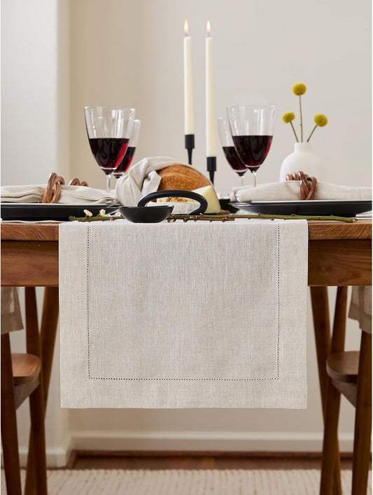Solino Home Linen Light Natural Table Runner 36 Inches - Classic Hemstitch, 100% Pure Linen Coffee Table Runner 14 x 36 Inch Ideal for Dresser Tables - Fall, Autumn, Halloween, Thanksgiving, Christmas