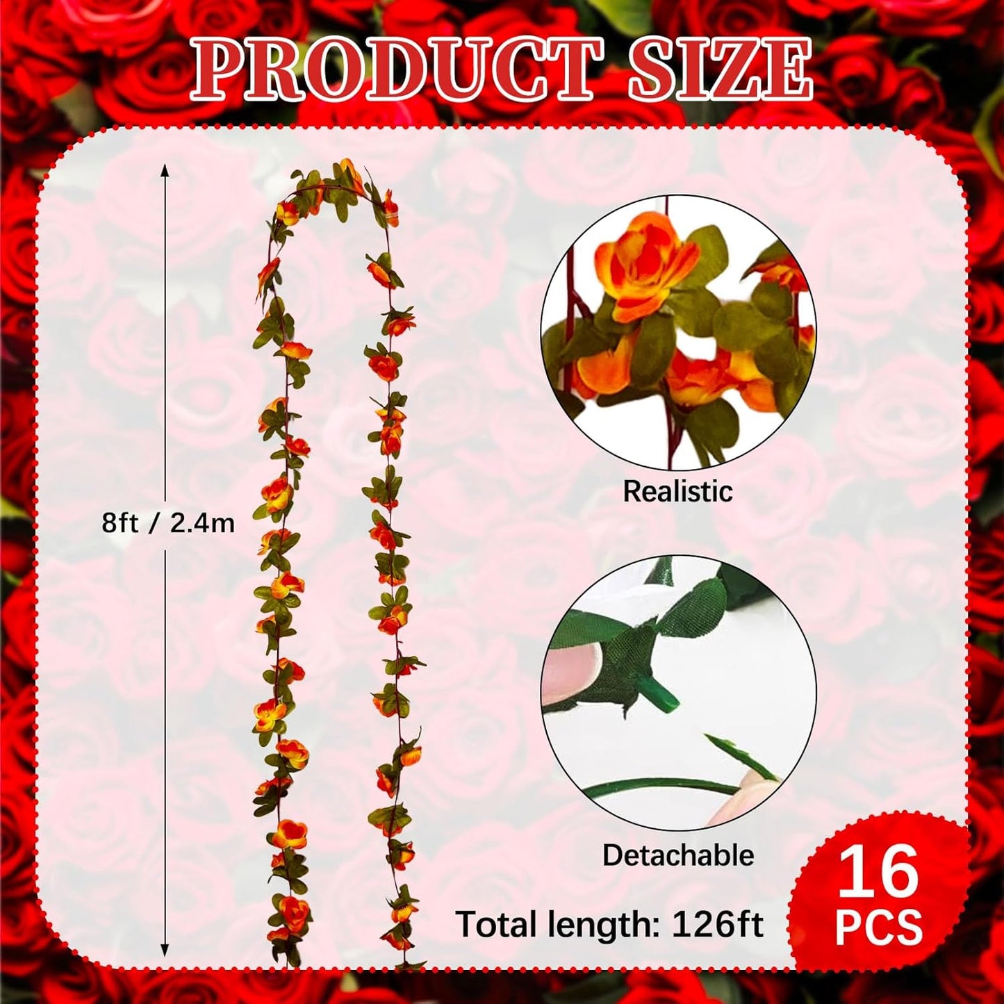 16Pcs 126Ft Orange Rose Garland, Fake Rose Hanging Flowers, Artificial Flower Vine, Hanging Floral Vine Garland for Wedding, Birthday Party, Wall Arch, Halloween, Christmas Garden Backdrop Decor