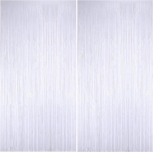 BEISHIDA 2 Pcs White Door Streamers Tinsel Curtain Party Streamers Backdrop Fringe Foil Wall Background for Birthday Halloween Christmas Wedding Party Decoration(3.28 ft x 6.56 ft)