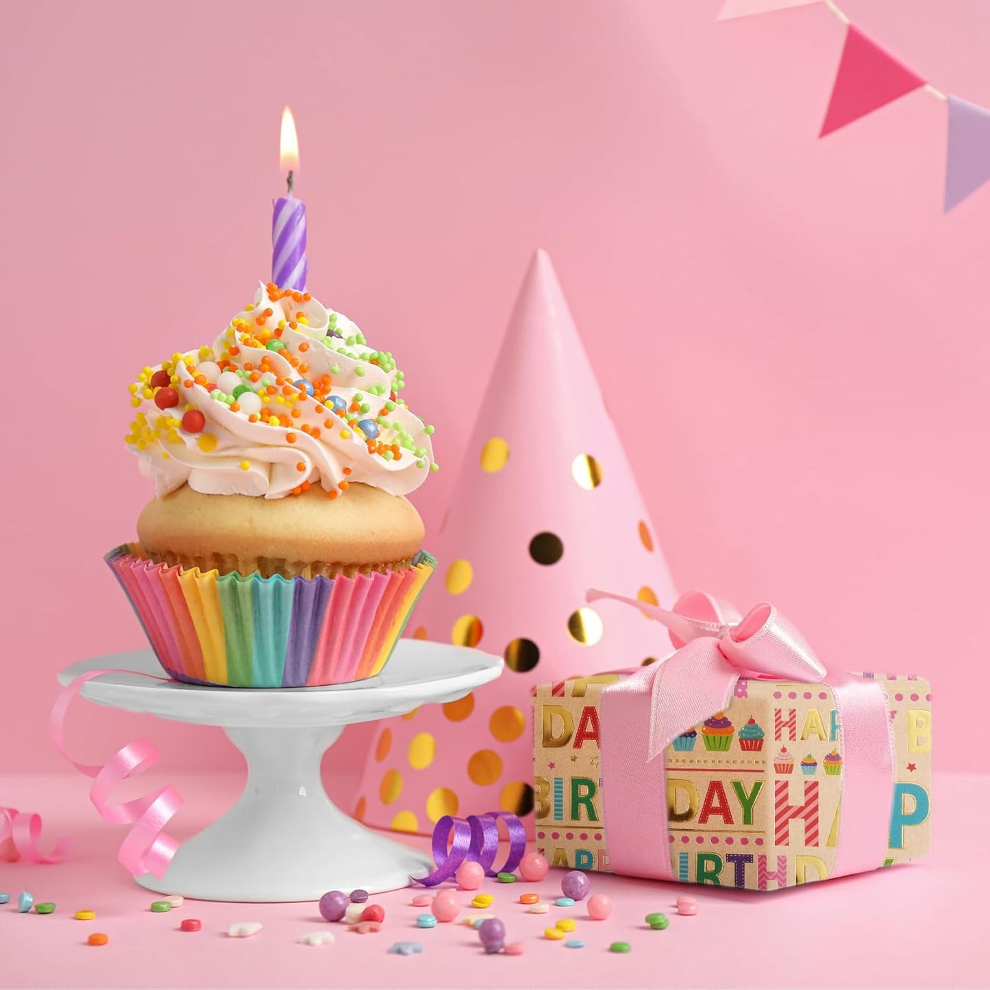 Aimyoo Colorful Birthday Wrapping Paper Roll - 17 Inch X 32.8 Feet - Gold Foil Happy Birthday Lettering & Cupcake Design Gift Wrap for Kids, Baby Showers