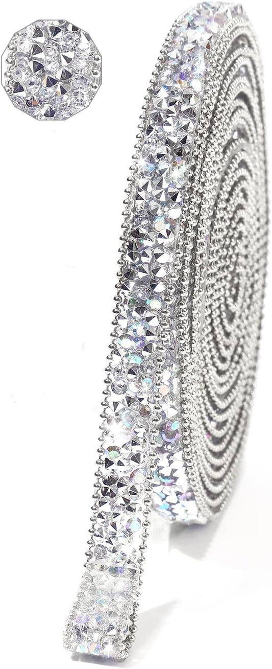 Rhinestone Ribbon 3 Yards Self Adhesive Rhinestone Strips Diamond Ribbon Sticker Crystal Roll Glitter Bling Rhinestones Tape for Crafting DIY Art Decoration (Silver AB,0.4 Inch)