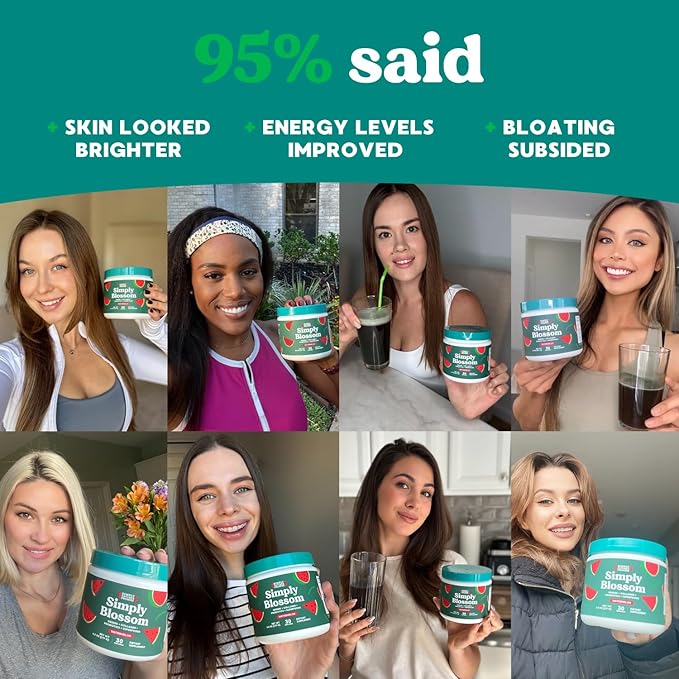 Simply Blossom Nutrition Daily Greens & Superfood Powder + Collagen + Probiotics for Women's Digestive Health & Bloating Relief. Help Your Health Bloom - 3 Month Supply - Watermelon