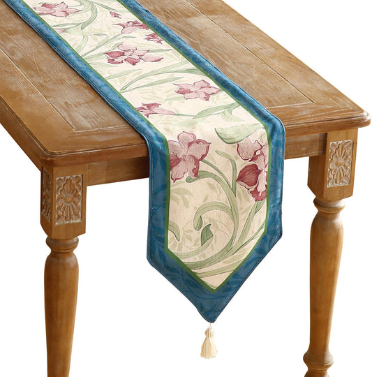 patdrea Designer Elegant Bright Linen Table Runner 87 Inch Long, Mauve Iris Floral Pattern Table Mat, Decoration for Kitchen Dining Table Coffee Table Shelf Cabinet Banquet Christmas ,12"*87"