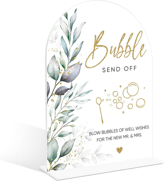 Acrylic Wedding Signs, Greenery Theme Bubbles Send Off Sign, Wedding Reception Signage, Bridal Shower Table Decor with Stand, Engagement, Anniversary, Newlywed Events and Parties Supplies, 14