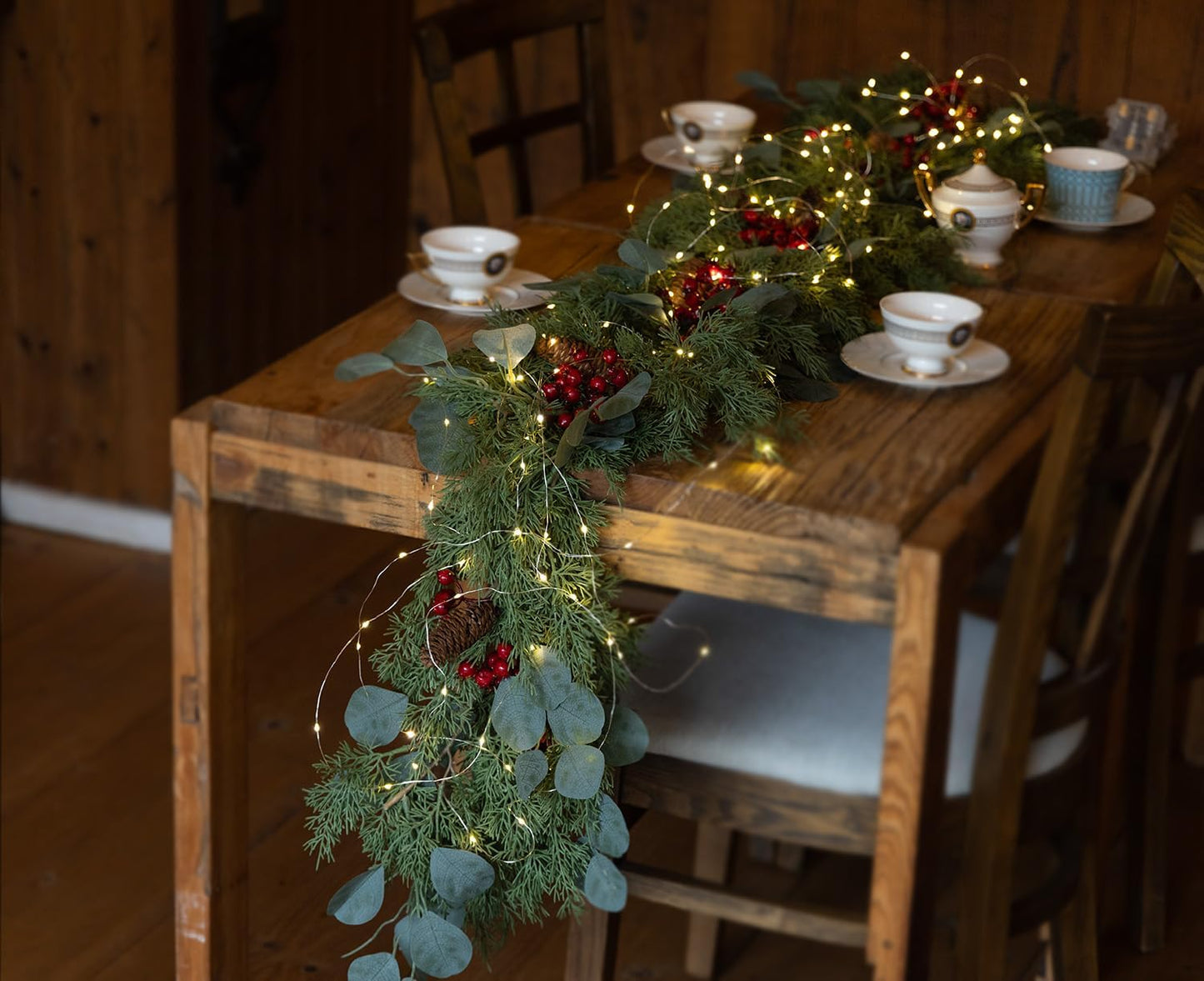 6.3FT Christmas 144 Branch Tips Cedar Garland with LED String Lights, Anna's Whimsy Seasonal Artificial Pine Cypress Garland, Holiday Indoor Outdoor Christmas Decor