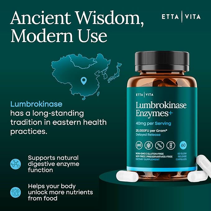 Potent Lumbrokinase Supplement 40mg/Serving (Max Activity - 800,000 Units) - Lumbrokinase Enzymes Capsules for Energy Support, Digestion, Detox, Cognition & Gut Health - Similar to Nattokinase