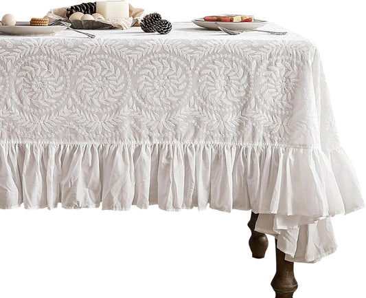 patdrea Vintage Ruffle Tablecloth for Rectangle Tables,Farmhouse Embroidered Cotton White Lace Table Cloth Cover Decor for Dining Room Wedding Banquet Thanksgiving Christmas,59"*91"