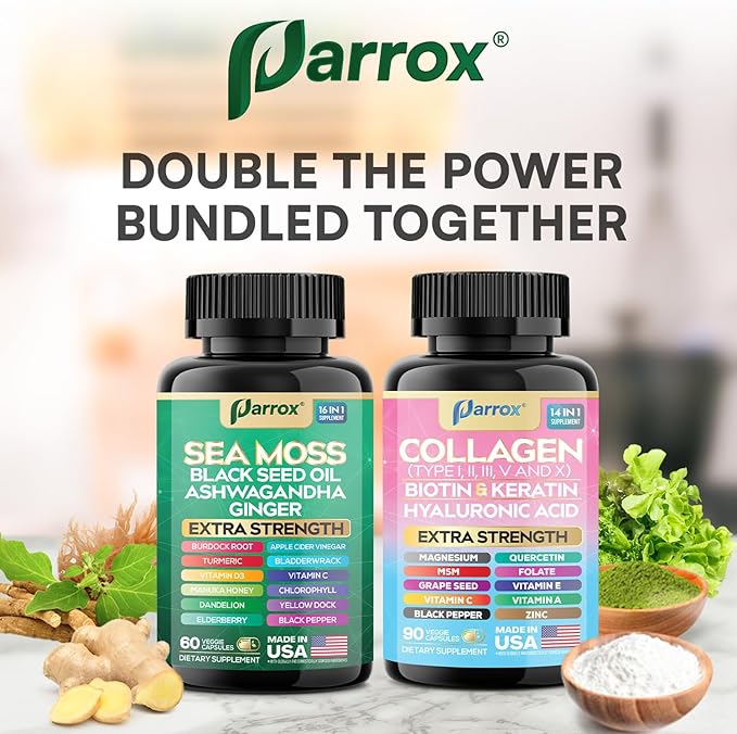 Radiant Wellness Bundle -Sea Moss, Black Seed Oil, Ashwagandha, Ginger, Collagen Types I II III V X, Biotin, Keratin, Hyaluronic Acid, Burdock Root, Turmeric, Vitamin D3, Magnesium (2 Pack)