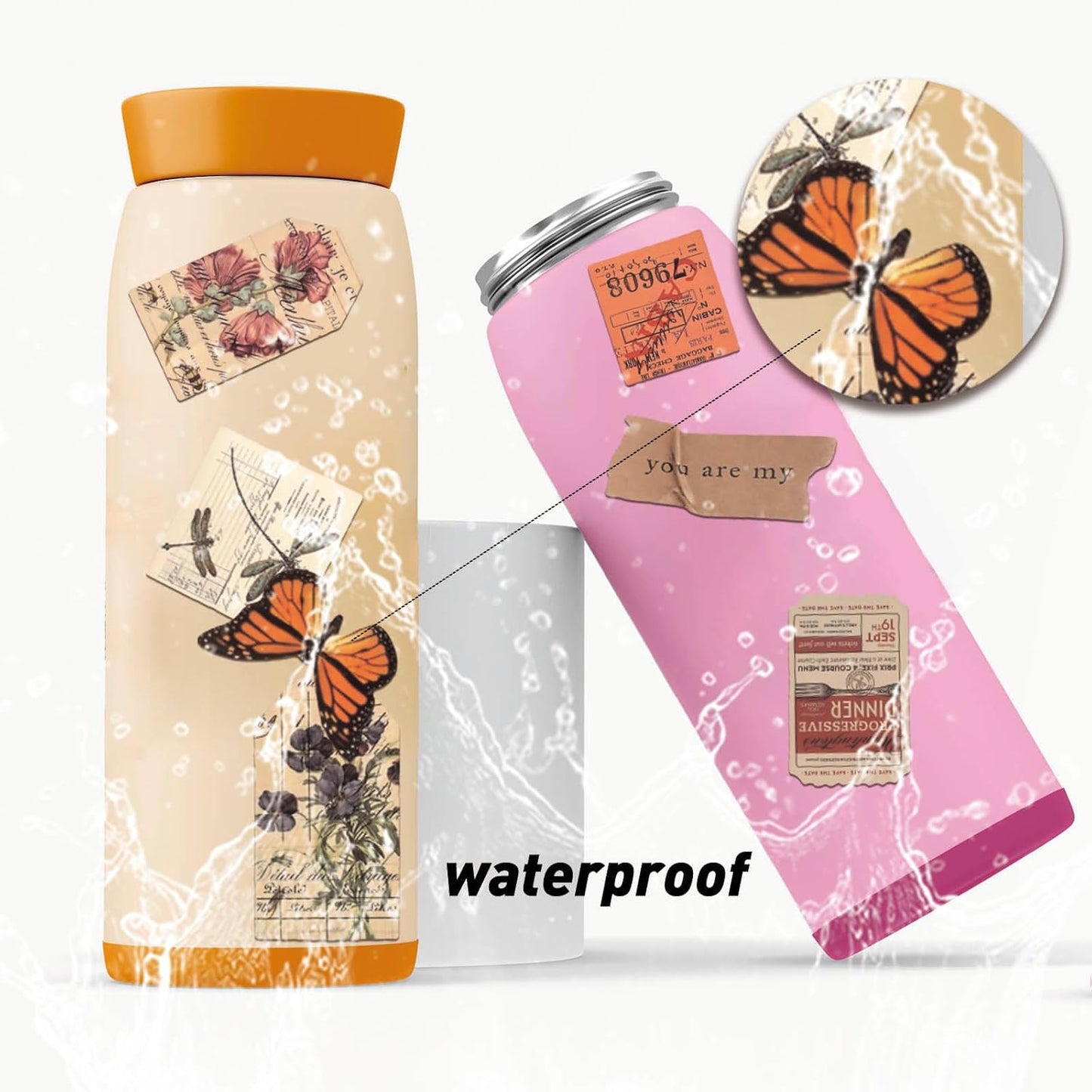 100 Pcs Vintage Stickers, Aesthetic Waterproof Decals for Water Bottle Laptop Computer Skateboard Bumper, Vsco Butterfly Vinyl Stickers for Kids Teens Girls