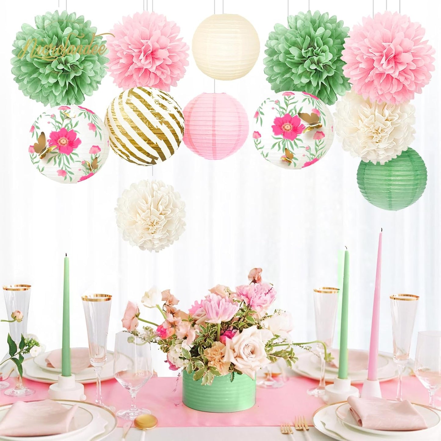 NICROLANDEE Wedding Party Decorations, 12 PCS Green Pink Blooms Paper Lanterns Tissue Pom Poms for Fairy Birthday Party Decorations, Foil Gold Butterfly Baby Bridal Shower Spring Easter Party Decor