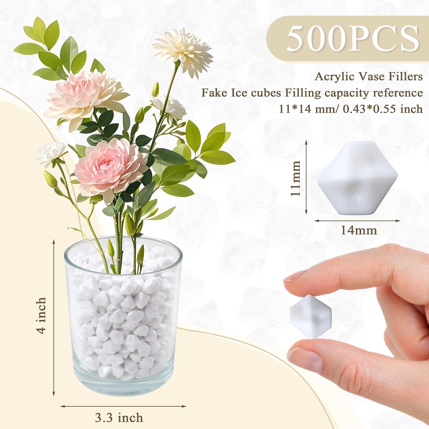 YATOJUZI 500pcs Fake Ice Cubes White Acrylic Crushed Rocks Vase Fillers Plastic Diamonds Gems for DIY Party Wedding Centerpiece Table Scatter Prop Display 0.5" (Only White)