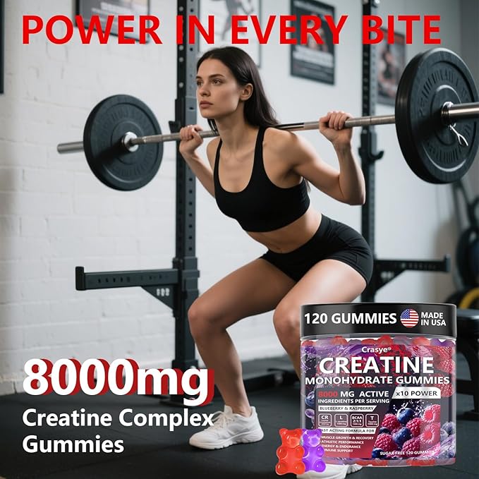 Creatine Monohydrate Gummies Complex 8000 MG for Men Women, Creatine Gummy with Taurine BCAA for Energy Support and Muscle Strength, Sugar Free Pre-Workout Supplement