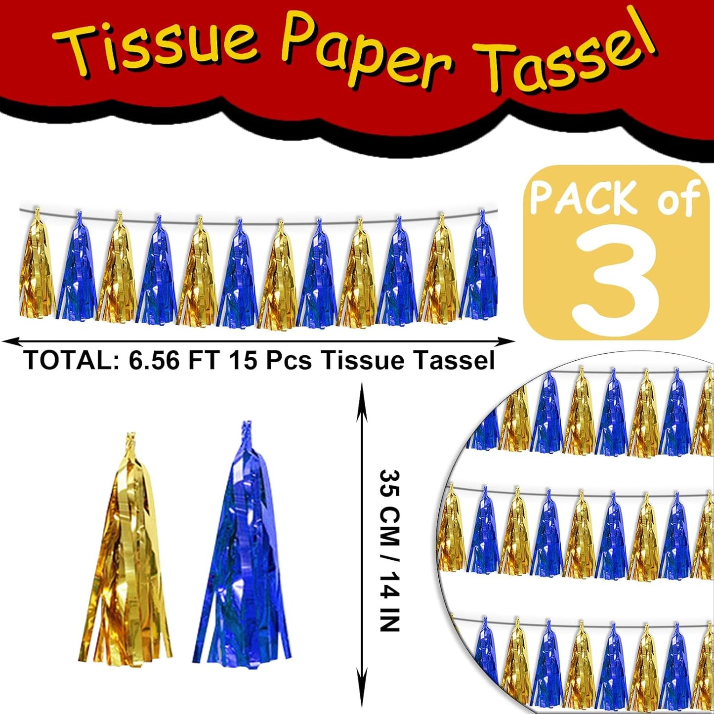 3PNavy-Blue Gold Metallic Fringe Tassel Banner Garland Foil Tinsel Streamer Wall Hanging Curtain Backdrop Banners for Parade Floats Birthday Graduation Christmas Bridal/Baby Shower Party Decorations