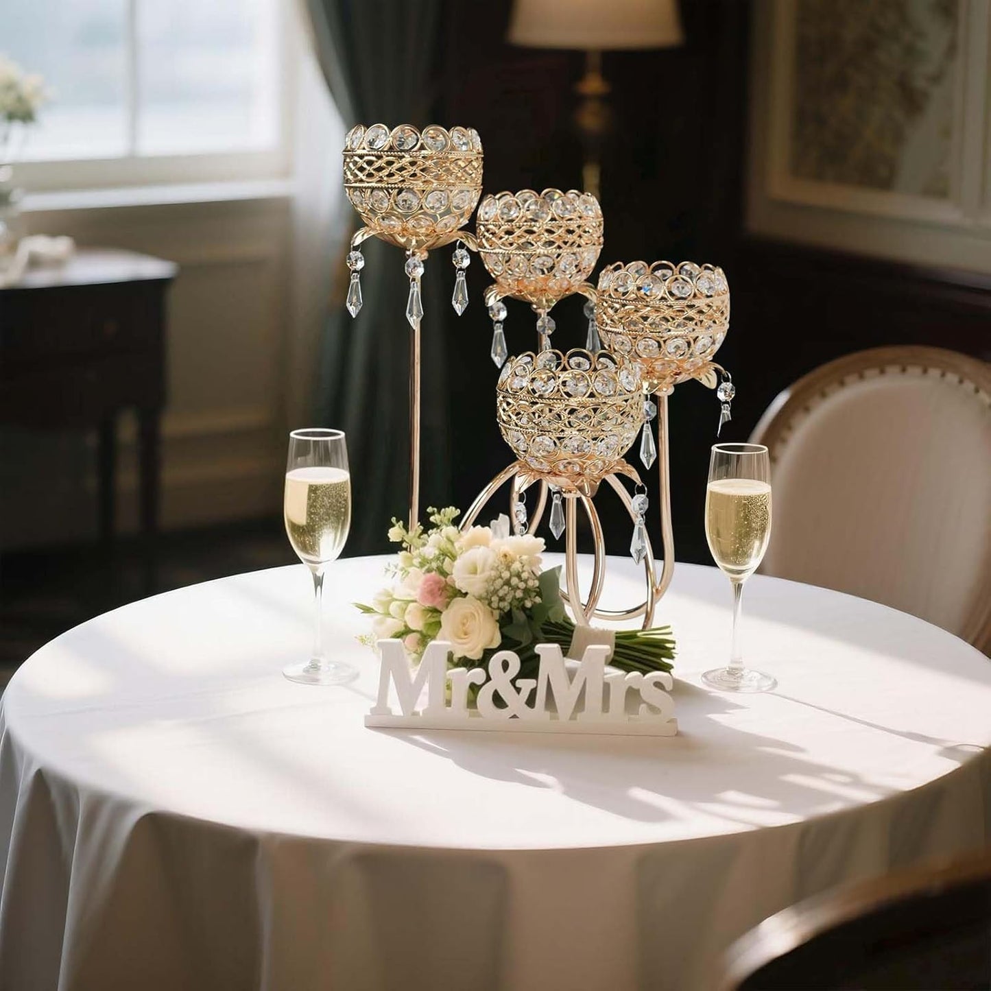 4 Arms Crystal Candelabra Tealight Holder - Tall 15.7 Inch Elegant Centerpiece with Crystal Pendant Bowls & Artistic Metal Stand for Wedding, Dining Table, Home Decor (4, Gold)