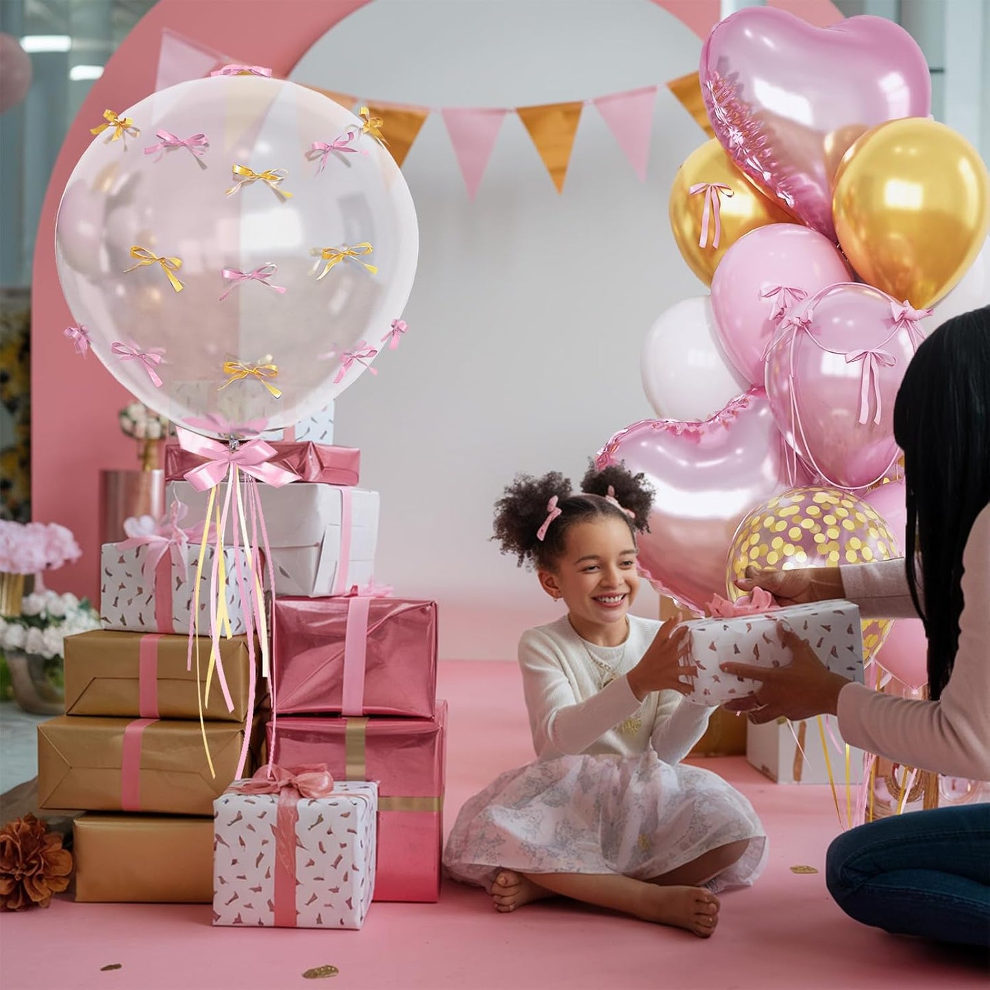 Light Pink and Gold Balloons Heart Shape Balloons, Pastel Baby Pink and White Party Decorations with Metallic Gold Confetti Balloon, 18 in Clear Heart Mylar Balloon for Princess Girls Birthday Decor