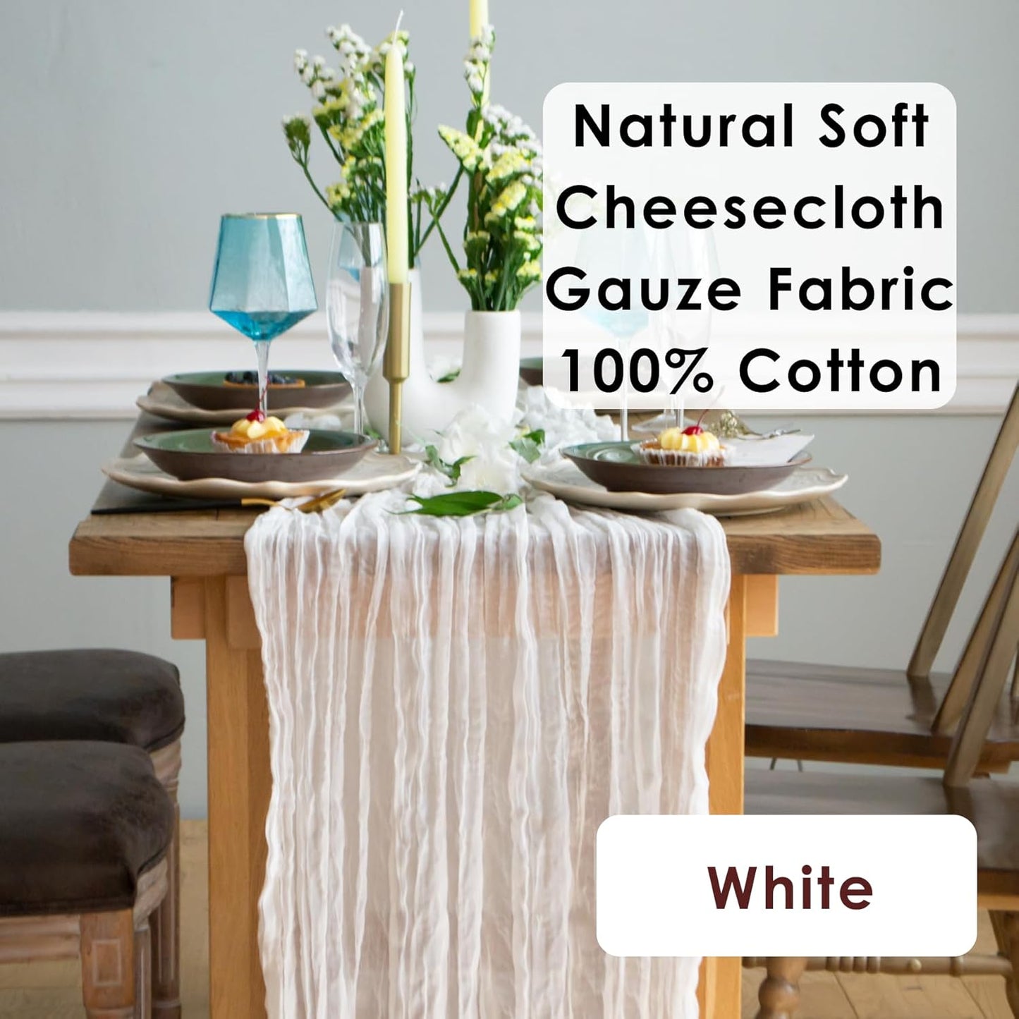 White Cheesecloth Table Runner Set of 2, Cotton Gauze Runner Rustic Table Decorations, Cheese cloth Fabric Bulk for white party decor, bohemian table runner Extra Long Boho Cheese Cloth 13 ft (141 in)