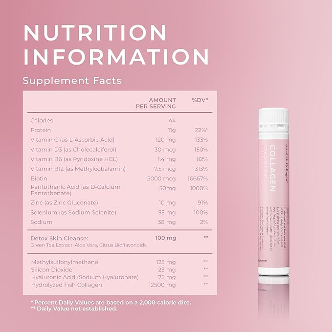 Swedish Collagen Deluxe | 12,500 mg Hydrolyzed Marine Collagen Liquid Supplement - 30 x 25 ml Daily Shots | Hyaluronic Acid, Biotin and Vitamin C for Healthy Hair, Skin, Nails and Joints | Sugar-Free