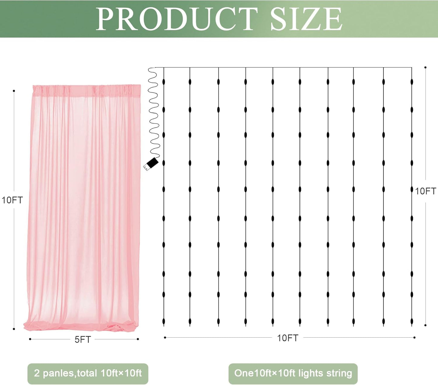 Tulle Backdrop Curtain with Lights String 10FT X 10FT Peach Sheer Tulle Backdrop Curtains for Wedding Birthday Party Reception Photo Booth Background Decorations (2 Panels 5x10FT)