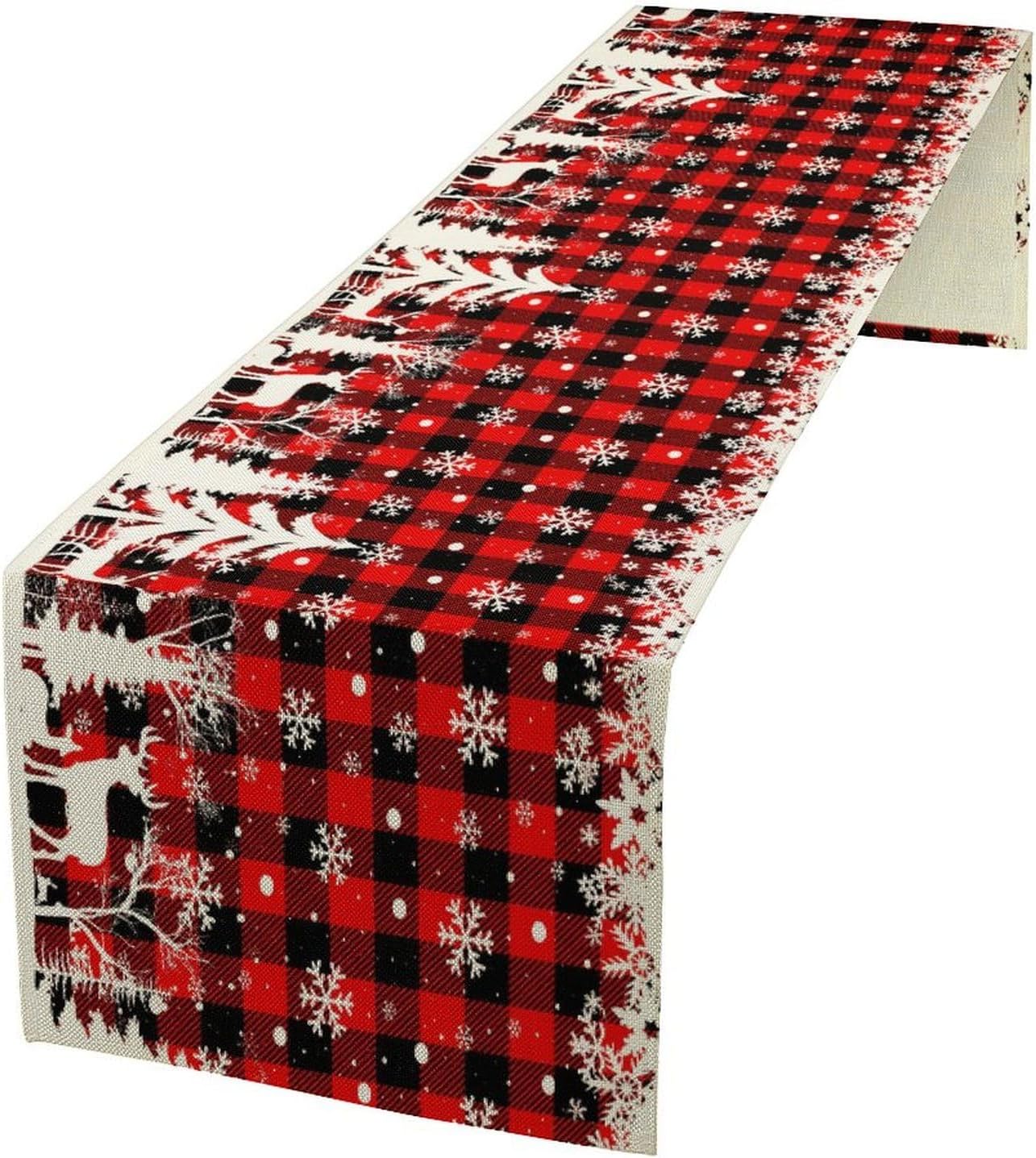 Christmas Table Runner,Red Black Plaid Xmas Snowflakes Deer Trees Print Tablecloth Burlap for Hotel Indoors Outdoor Dining Room Kitchen Home Decor,W13X L90 in