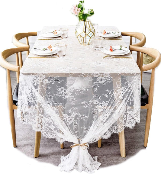 BOXAN 60x120 Inch Gorgeous White Lace Tablecloth Overlay Rose Vintage Embroidered, Romantic Boho Wedding Reception Table Decor, Baby & Bridal Shower Décor, Elegant Chic Outdoor Tea Party Tablecover
