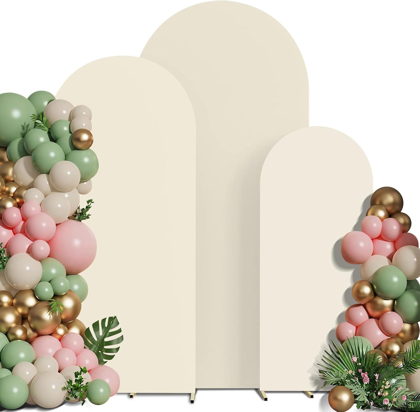 Spandex Anti Wrinkle Arch Backdrop Cover - High Elastic Fitted Arch Stand Cover Set of 3, Beige Round Top Chiara Backdrop for Wedding Birthday Party Garden Decor 4FT, 5FT, 6FT