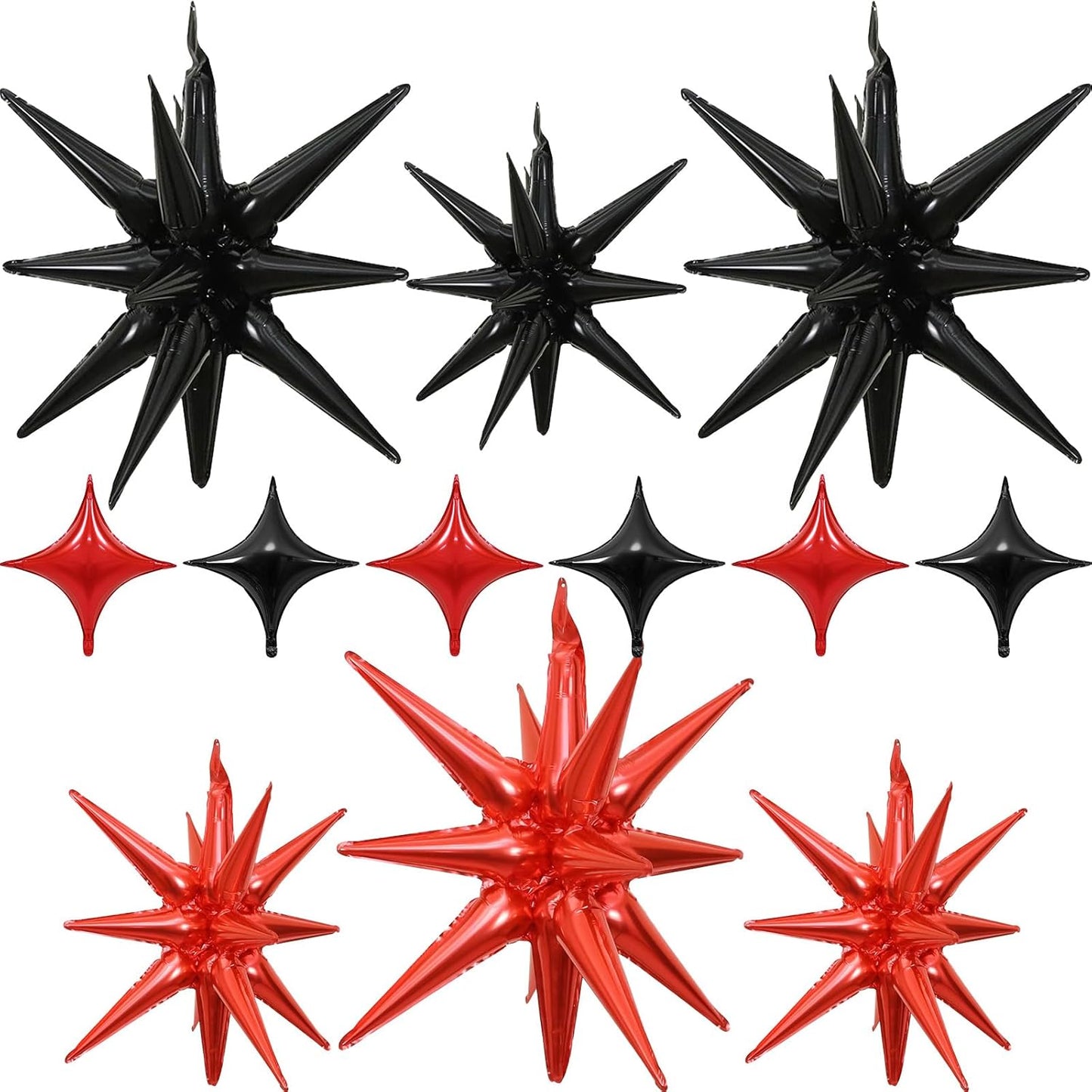 Black Red Star Balloons 12pcs, 27/22 Inch Foil Star Explosion Balloons, Large Spike Mylar Cone Balloon, Fireworks Shape Balloon Decor for New Year Casino Night Racing Car Theme Prom