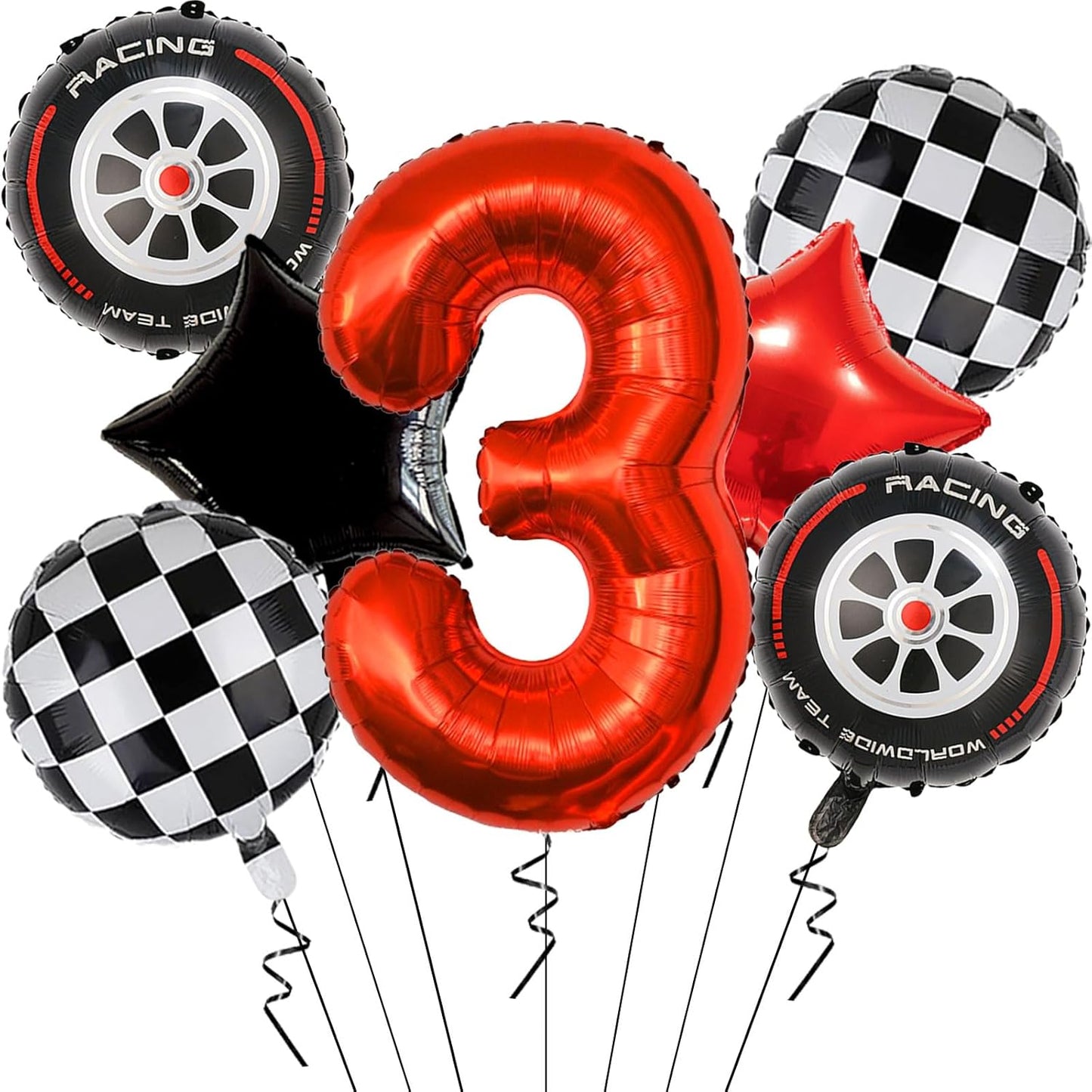 Race Car Birthday Party Decorations - 40 Inch Mylar Red Number 3 Balloons - Black Foil Checkered Race Car Balloons for 3st Birthday Race Cars Themed Party Decorations