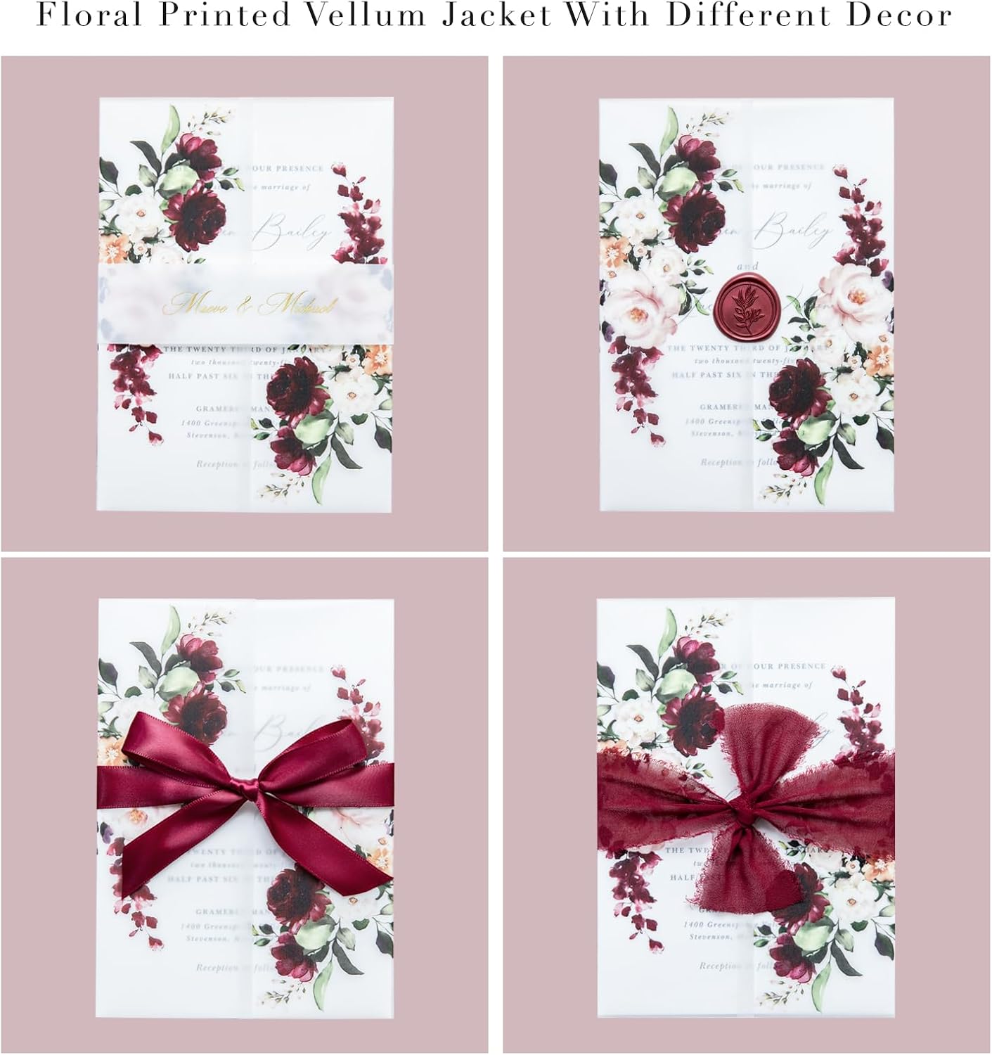 PONATIA 50 PCS Vellum Jackets for 5x7 Invitations- 135gsm Burgundy Floral Printed Vellum Sleeves, Quinceanera Wedding Invitation Cards Wraps