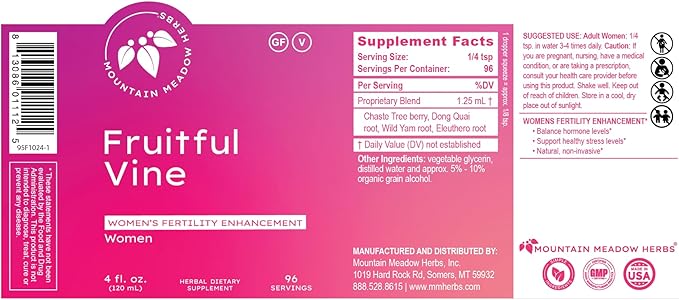 Mountain Meadow Herbs Fruitful Vine - Hormonal and Reproductive Health Support for Women, Dong Quai, Chaste Tree and Herbal Blend for Fertility and Cycle Balance, 4oz