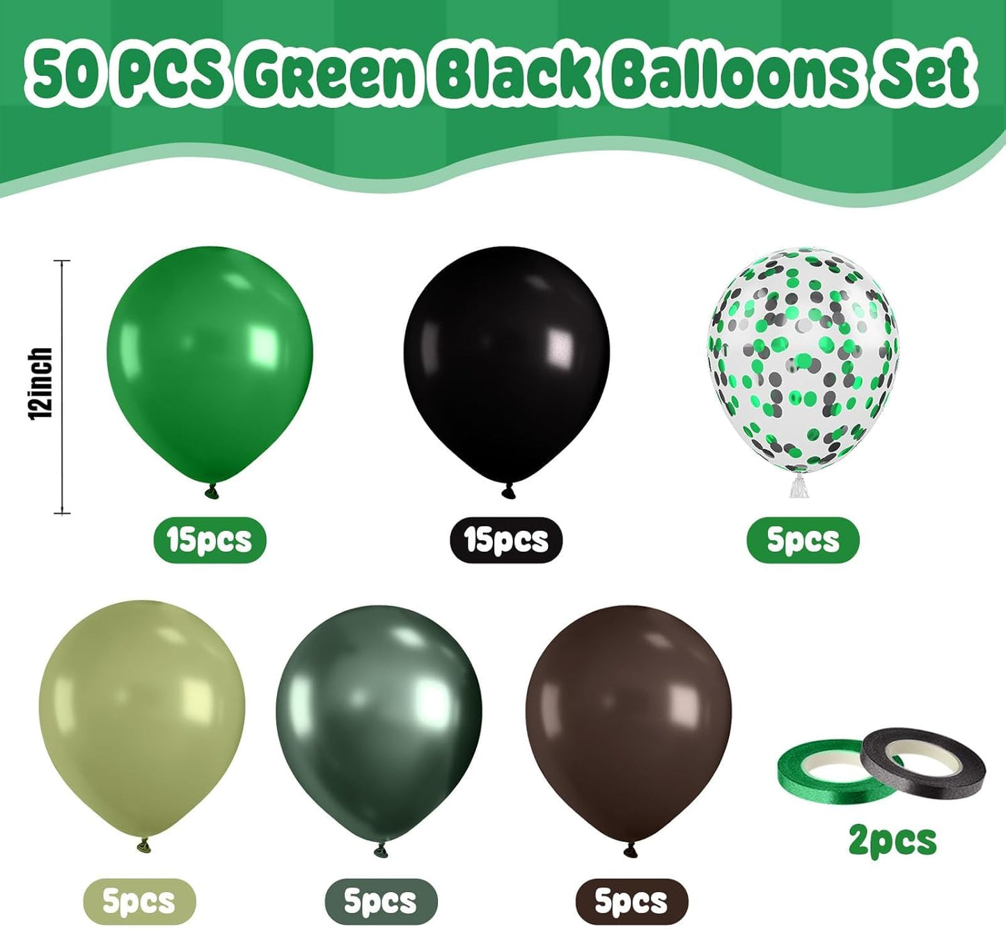 Paready Dark Green and Brown Balloons Set, 50 Pcs Metallic Green Brown Black Balloon, 12 Inch Sage Green Confetti Party Balloons for Kid Boys Camouflage Army Camping Camo Theme Party Birthday Supplies