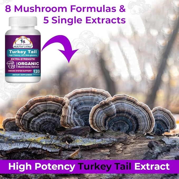 CANCER SCIENCES Turkey Tail Wellness Mushrooms Supplement, USDA Certified Organic Extract, Extra Strength 1,500 mg, High Potency 40% Beta-Glucans, Gut & Immune Support, Natural Digestive, 120 Capsules