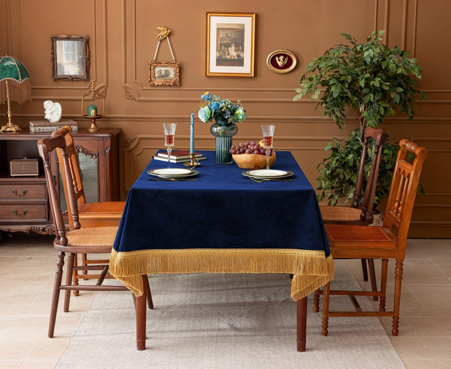 F-CHU Blue Tablecloth Thickset Velvet Tablecloth with Beautiful Gold Tassels Vintage Table Cloth for Home Decor Wedding, Party, Banquet and Events 60x120-Inch
