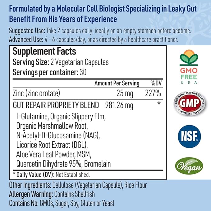 Leaky Gut Repair - Natural Gut Health Supplement, Promotes Digestive Ease, Gut Wellness, and Daily Balance, 60 Capsules