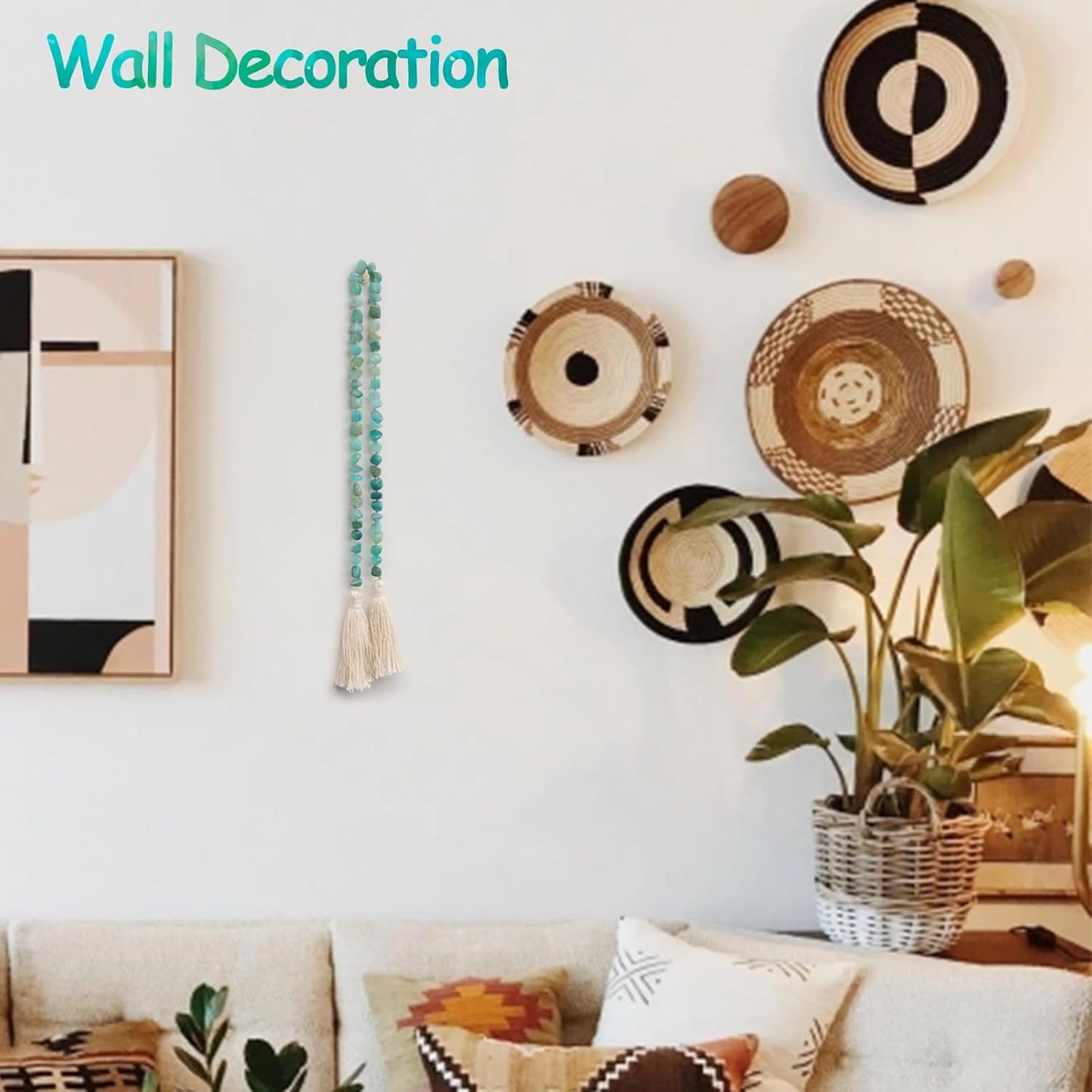 Agate Stone Hand Knotted Garland Modern Farmhouse Rustic Table Home Decor, 30inch Meditation Accessories with Tassel, Prayer Healing Beads Boho Wall Shelf Hanging Decoration (Lime Green)