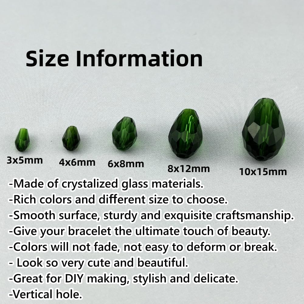 130pcs 6x8mm Teardrop Crystal Glass Beads for Jewelry Making, Faceted Vertical Hole Teardrop Glass Spacer Beads for Wind Chimes Bracelet Earring Necklace DIY Craft(Dark Green)