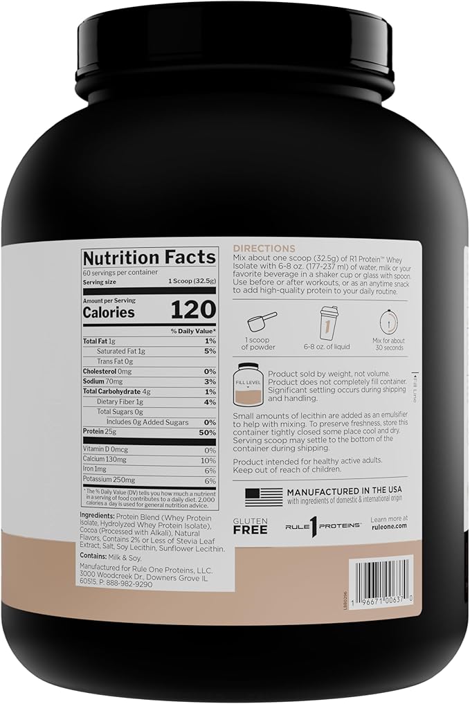 Rule 1 Naturally Flavored R1 Protein Whey Isolate - Clean Formula with 25g Protein & 6g BCAA Exclusively Isolated & Hydrolyzed Sources for Workout Recovery (4.3 Pounds*, Dark Chocolate)