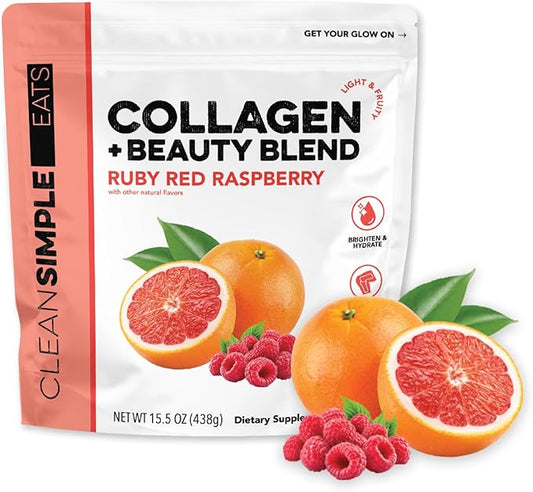 Clean Simple Eats Collagen Powder + Beauty Blend, Ruby Red Raspberry, Hydrolyzed Collagen Peptides from Grass Fed Bovine & Chicken, Hyaluronic Acid for Hair, Skin, Nail & Joint Support, 30 Servings