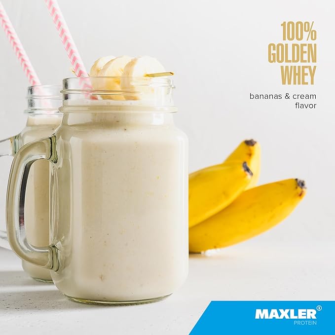 Maxler 100% Golden Whey Protein - 24g of Protein per Serving - Premium Whey Protein Powder for Pre Post Workout - Fast-Absorbing Whey Concentrate, Isolate & Hydrolysate Blend - Bananas & Cream 5 lb
