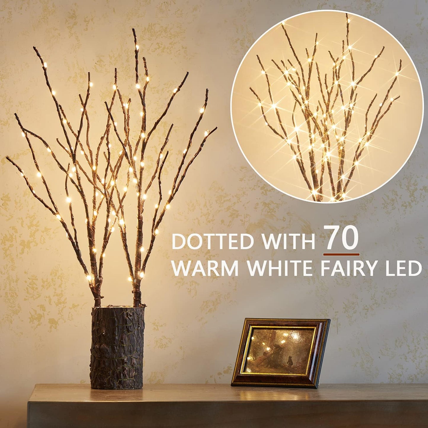 Fudios Lighted Branches with Timer 70 LED Fairy Lights 18in Battery Operated, Willow Branches with Lights for Vase Christmas Holiday Home Decor