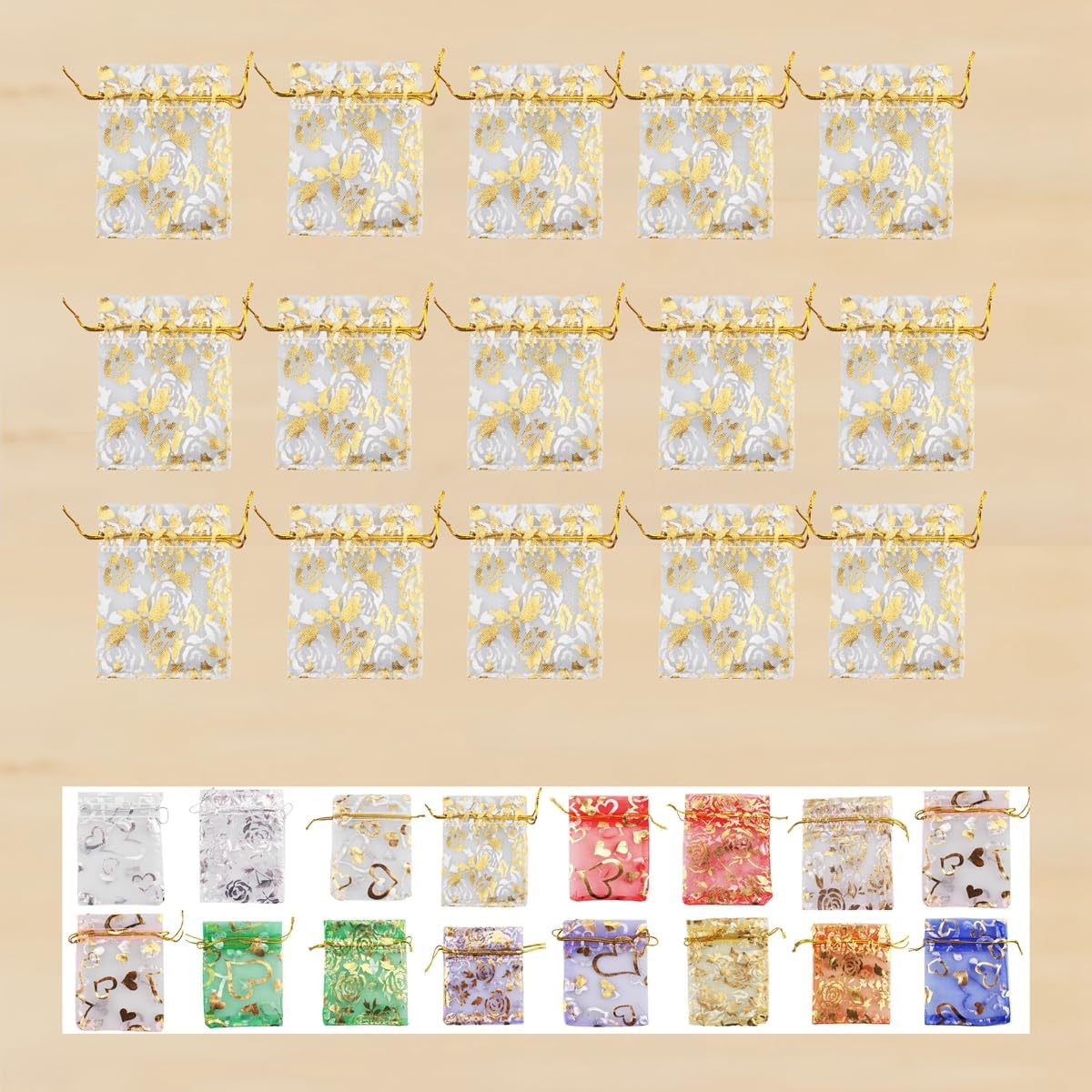 QIANHAILIZZ 100 Pack 2.8 x 3.5 Inch Flower Heart Organza Jewelry Gift Pouch Candy Pouch Drawstring Wedding Favor Bags B511S (white gold flower)