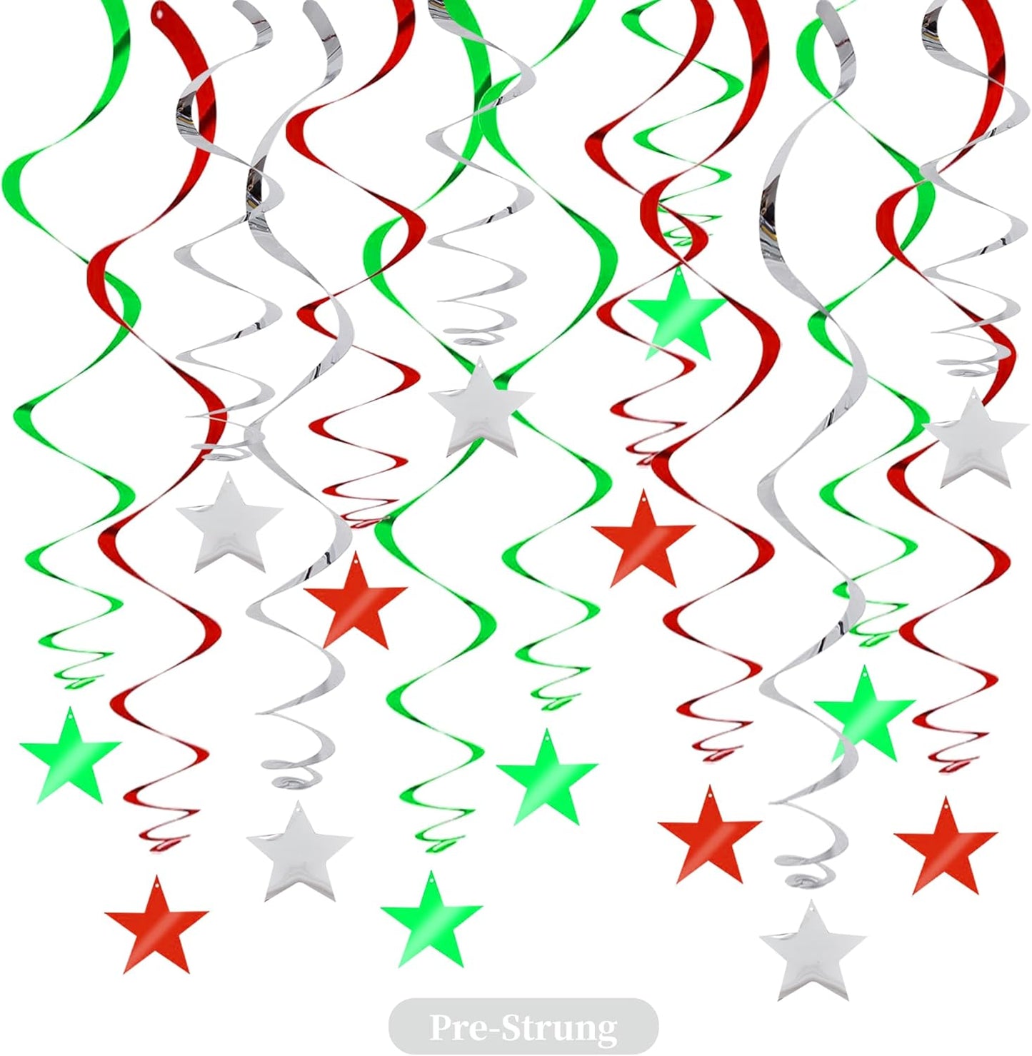 BEISHIDA Green Silver Star Hanging Swirl Decorations, Birthday Hanging Party Supplies for Christmas Wedding Baby Shower Birthday Decorations,Pack of 15