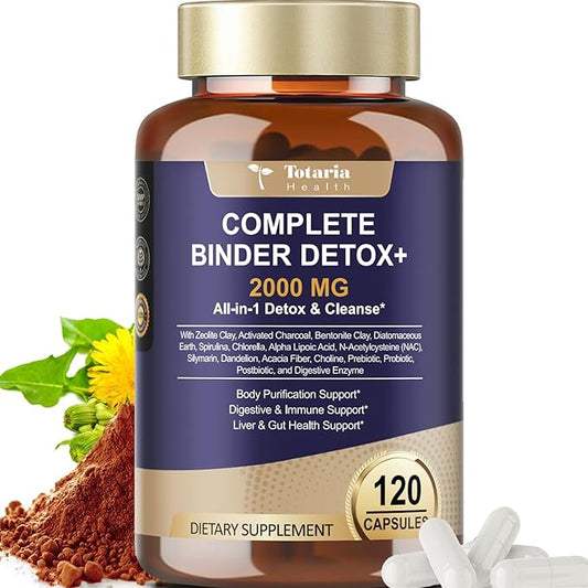 2000MG Complete Binder Detox+ Activated Charcoal, Zeolite, Bentonite Clay, NAC, Milk Thistle, Probiotic, All-in-1 Detox & Cleanse Supplement, Liver & Gut Support, 120 Counts