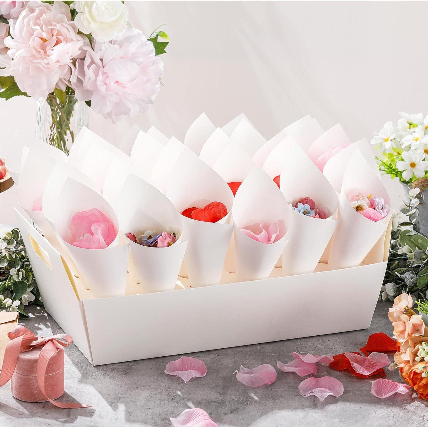 6 Set Wedding Confetti Cone Holder Box Each Includes 30 Pieces of Cone Papers and 30 Holes for 30 Confetti Cones Box Party Confetti Cone Kraft Stand Tray Box for Wedding Party Candy Flower(White)