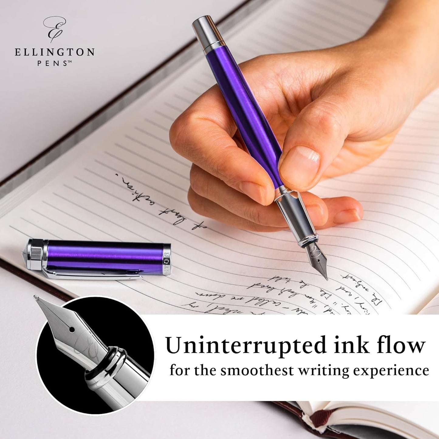 Ellington Pens Luxury Fountain Pen Set- Fountain Pens for Writing - Smooth Medium Nib - Includes Refillable Ink Converter, 3 Ink Cartridges [Black & Blue], Gift Box - Elegant Calligraphy