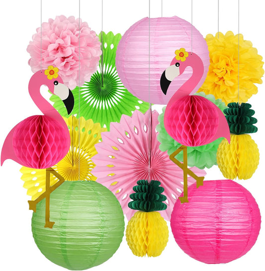 YUNXUAN Flamingo Party Supplies, Hawaiian Party Decorations Flamingo and Pineapple Honeycomb Ball Paper Lanterns Paper Fans Pom poms Flowers for Birthday Luau Tropical Bachelorette Party