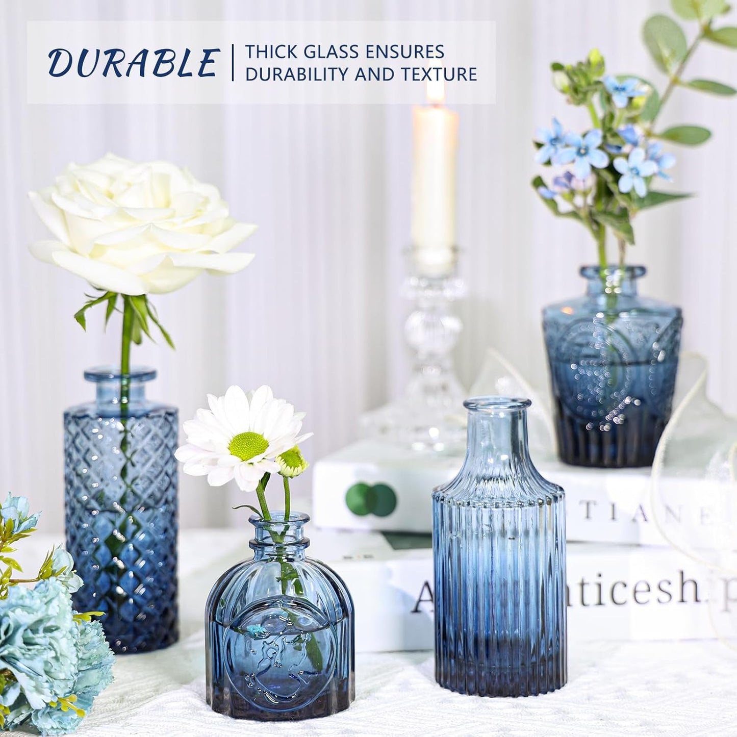 Glass Bud Vase Set of 12, Small Blue Flower Vases for Centerpieces in Bulk, Mini Vintage Vase for Wedding, Home,Table Decoration