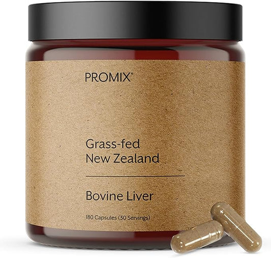 ProMix Nutrition Grass Fed Raw Beef Liver Supplement, Multivitamin - Bioavailable Vitamin A, B12, D3, Heme Iron - 180 Gelatin Capsules