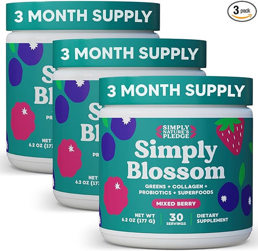Simply Blossom Nutrition - Daily Greens & Superfood Powder + Collagen + Probiotics for Women's Digestive Health & Bloating Relief. Help Your Health Bloom - 3 Month Supply