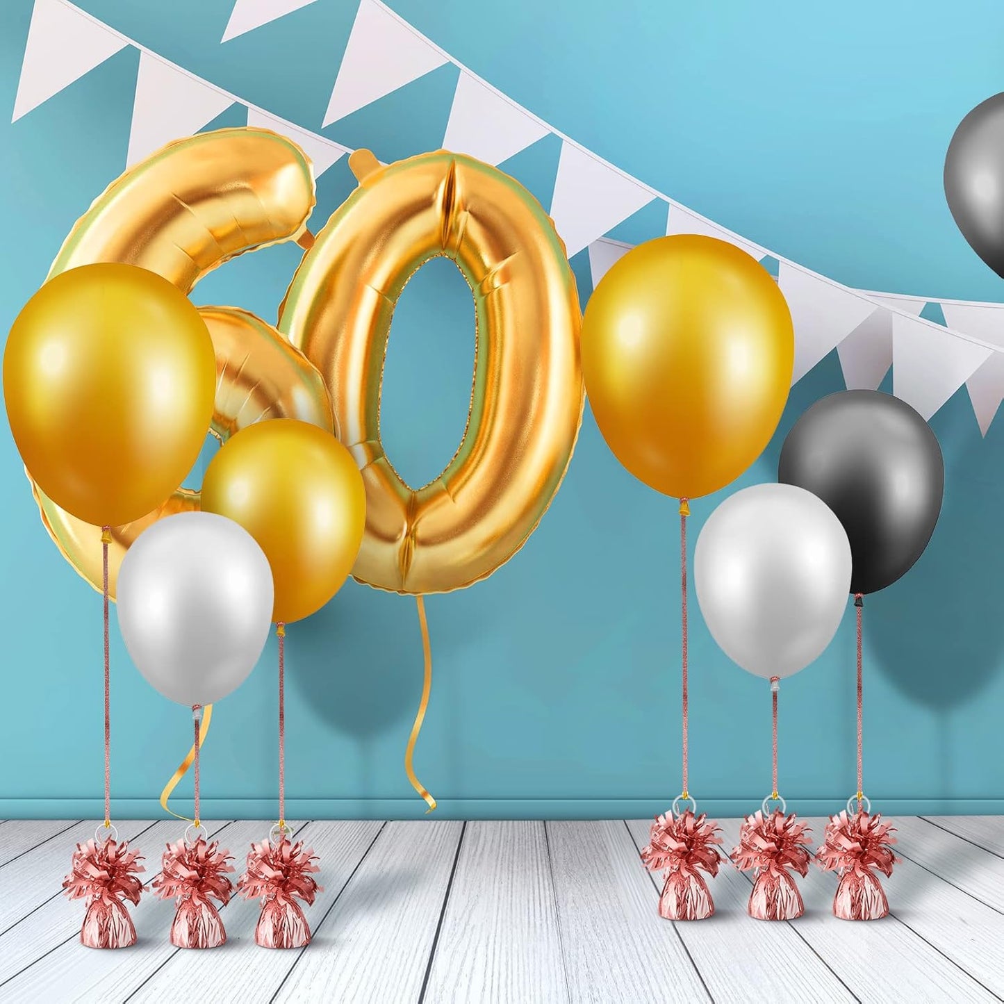 24 Pcs Balloon Weights Metallic Anchor Balloon Holder for Helium Balloons Heavy Table Weights and 1 Roll Iridescent Crimped Ribbon for Birthday Wedding Halloween Christmas Party(Rose Gold)