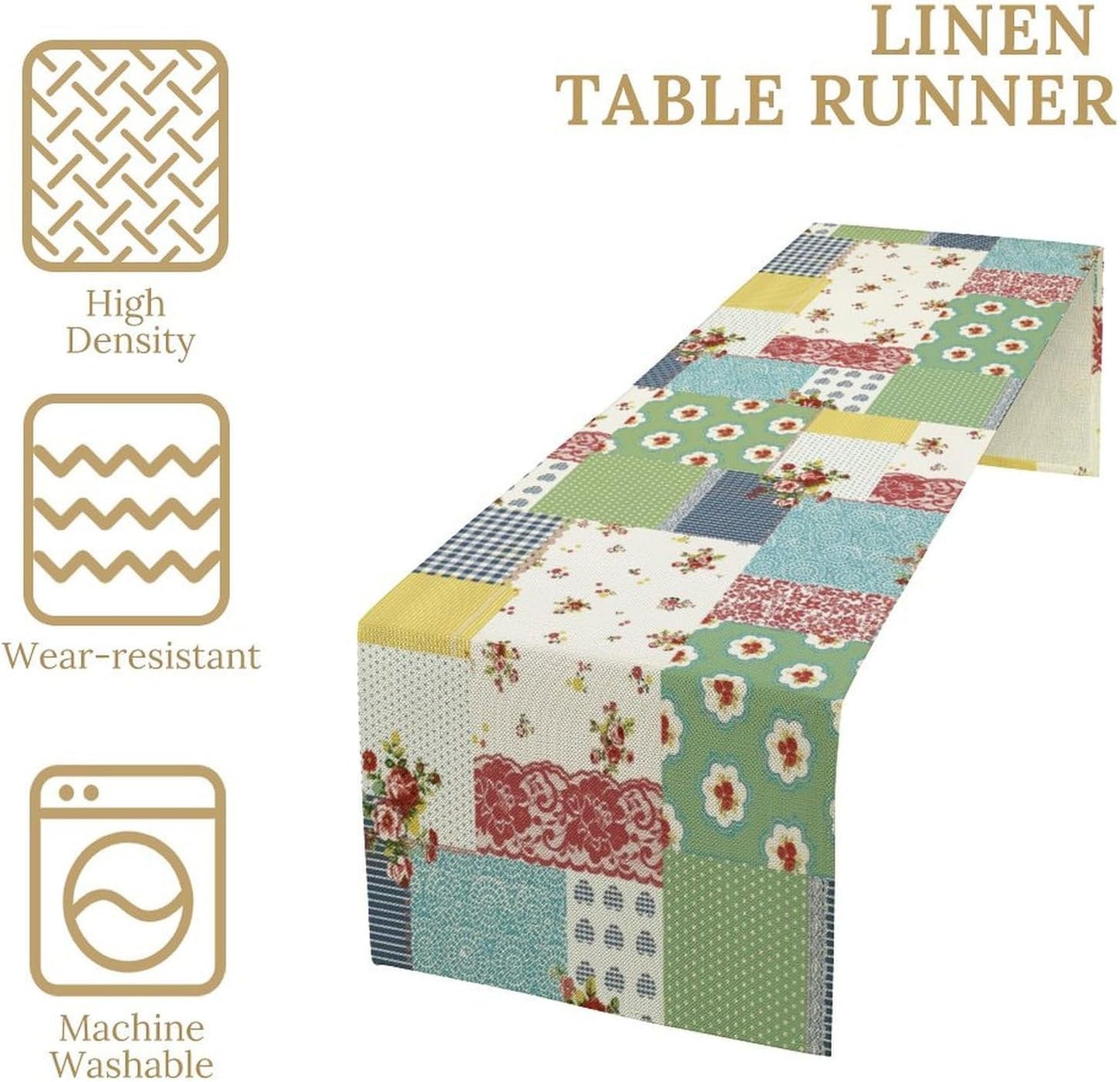 Patchwork Boho Table Runner,Vintage Colorful Floral Plaid Polka Dot Print Tablecloth Burlap for Hotel Indoors Outdoor Dining Room Kitchen Home Decor,W13X L70 in